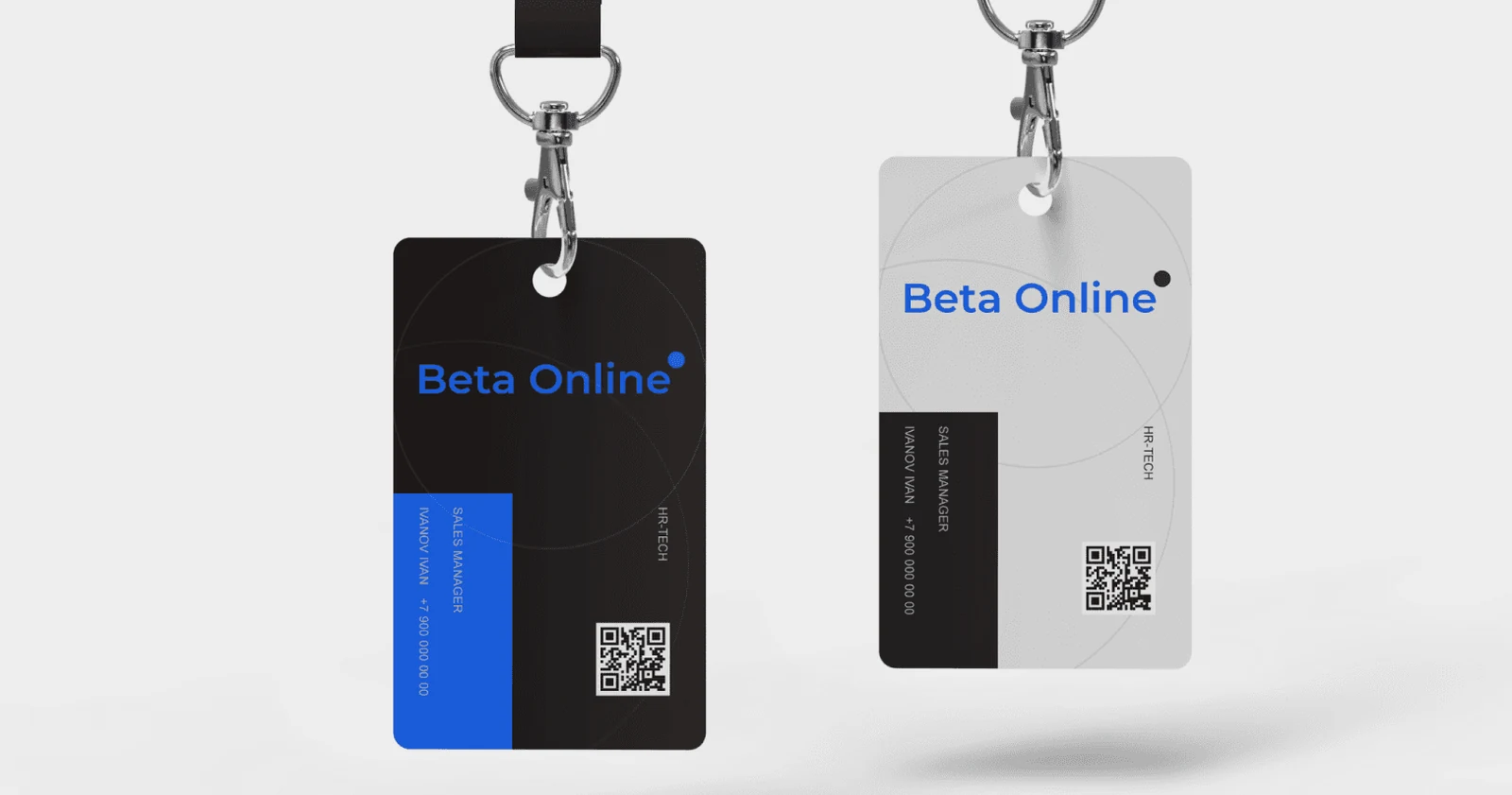 Beta Online identity applied to black and white employee badges.