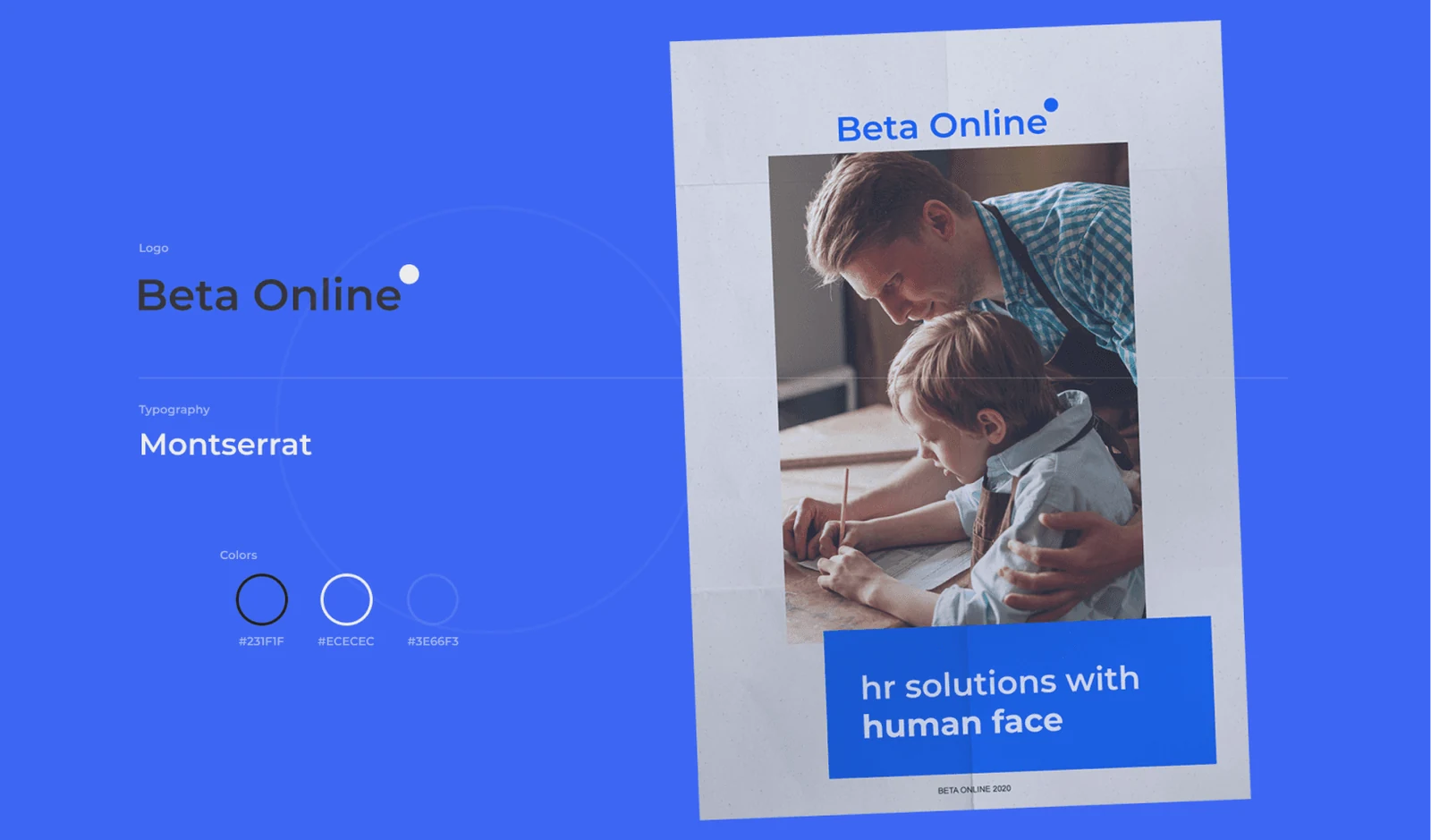 Beta Online brand board with its logo, Montserrat typography, blue palette, and recruitment poster.