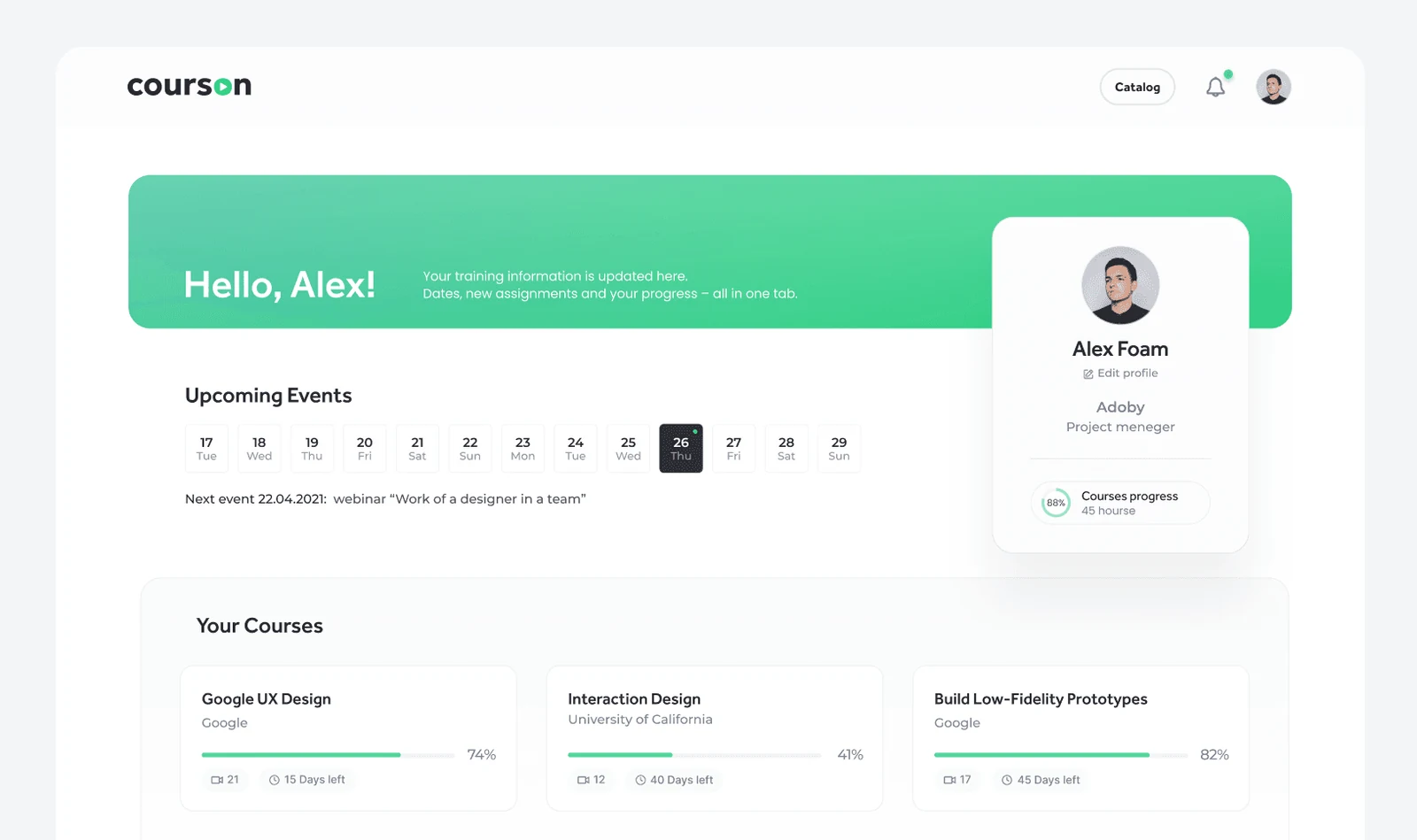 Courson account dashboard with upcoming events, course cards, and a profile panel.