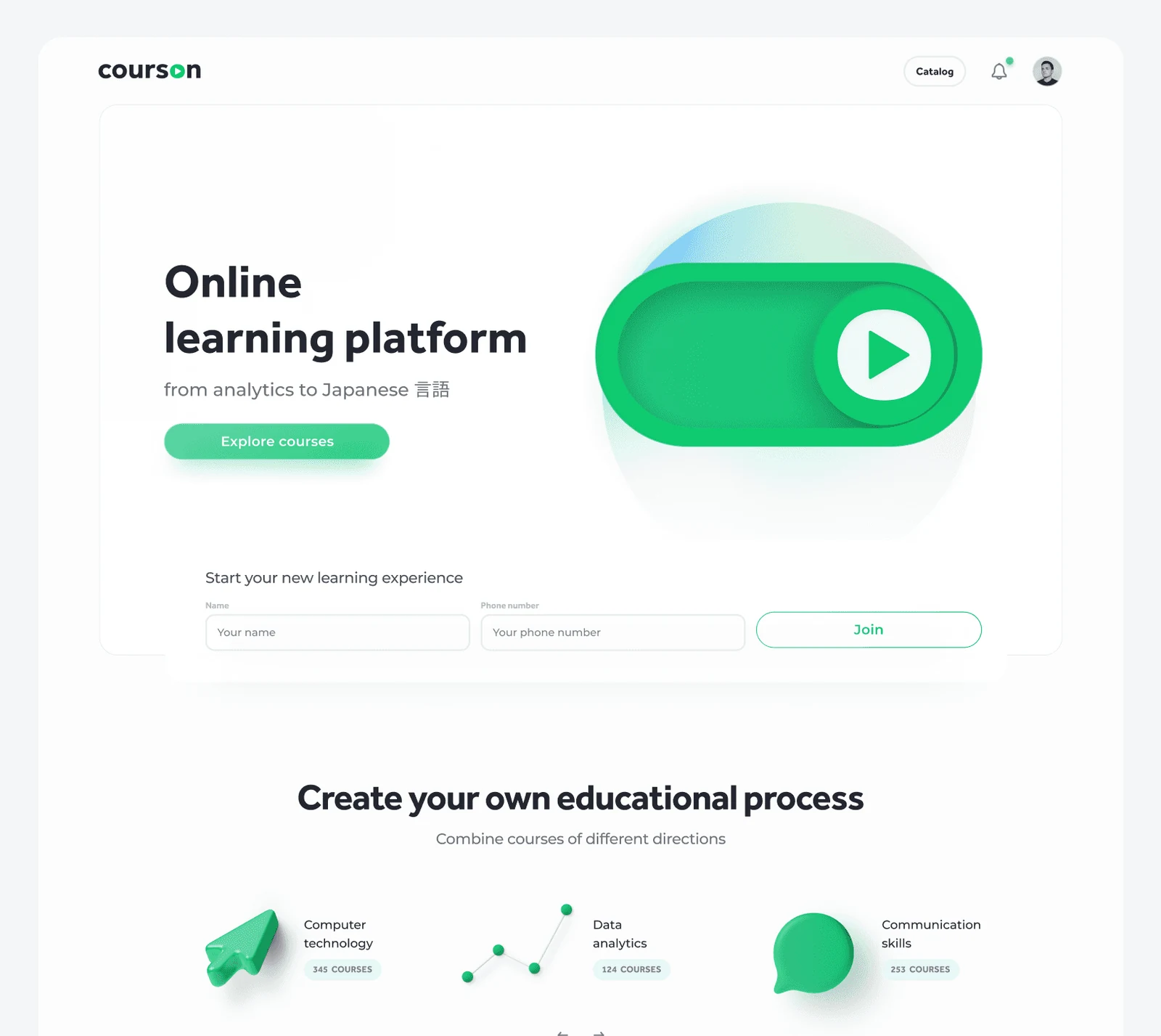 Courson online learning homepage with course search and educational process features.