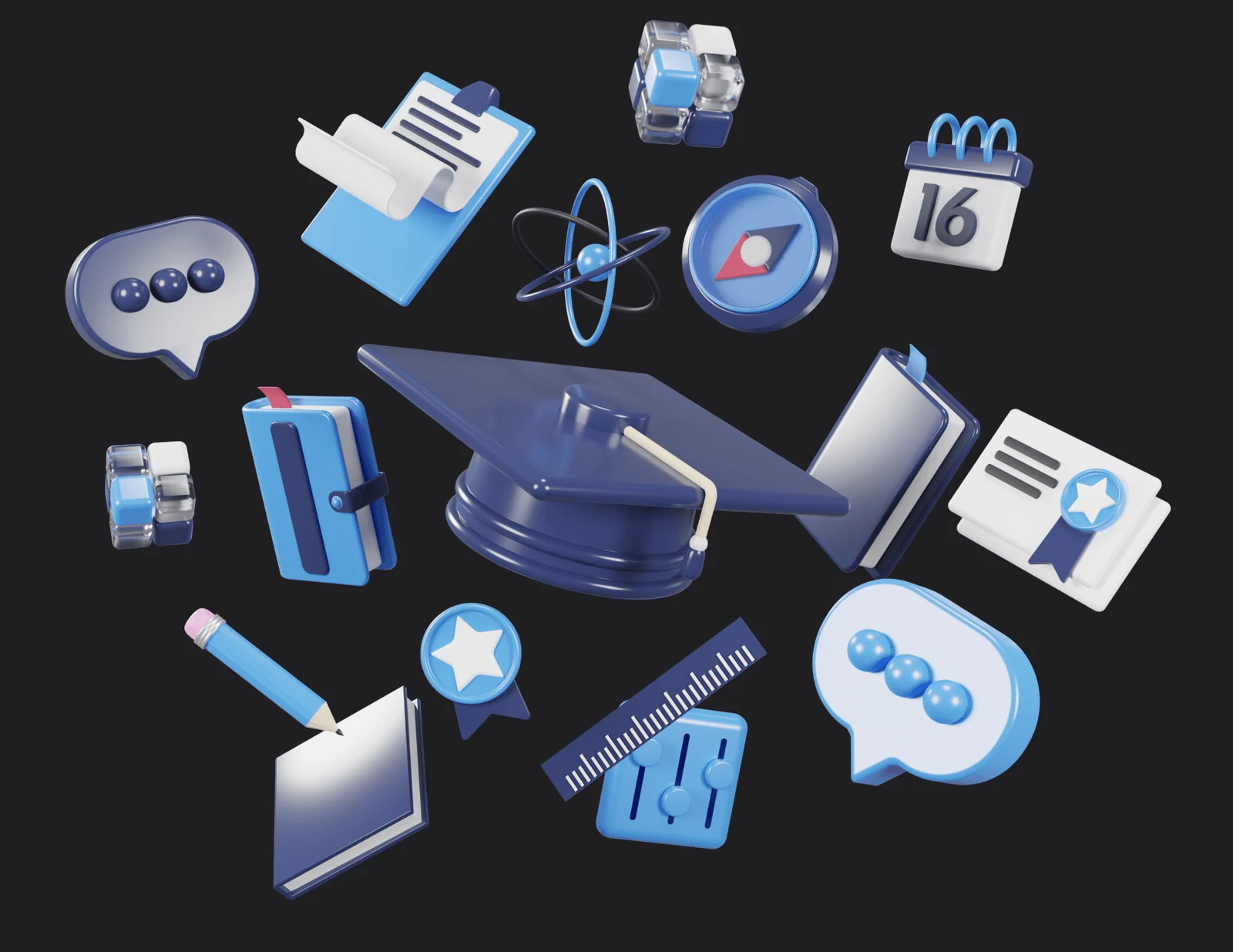 Three-dimensional education icons including books, a graduation cap, a calendar, and chat bubbles.