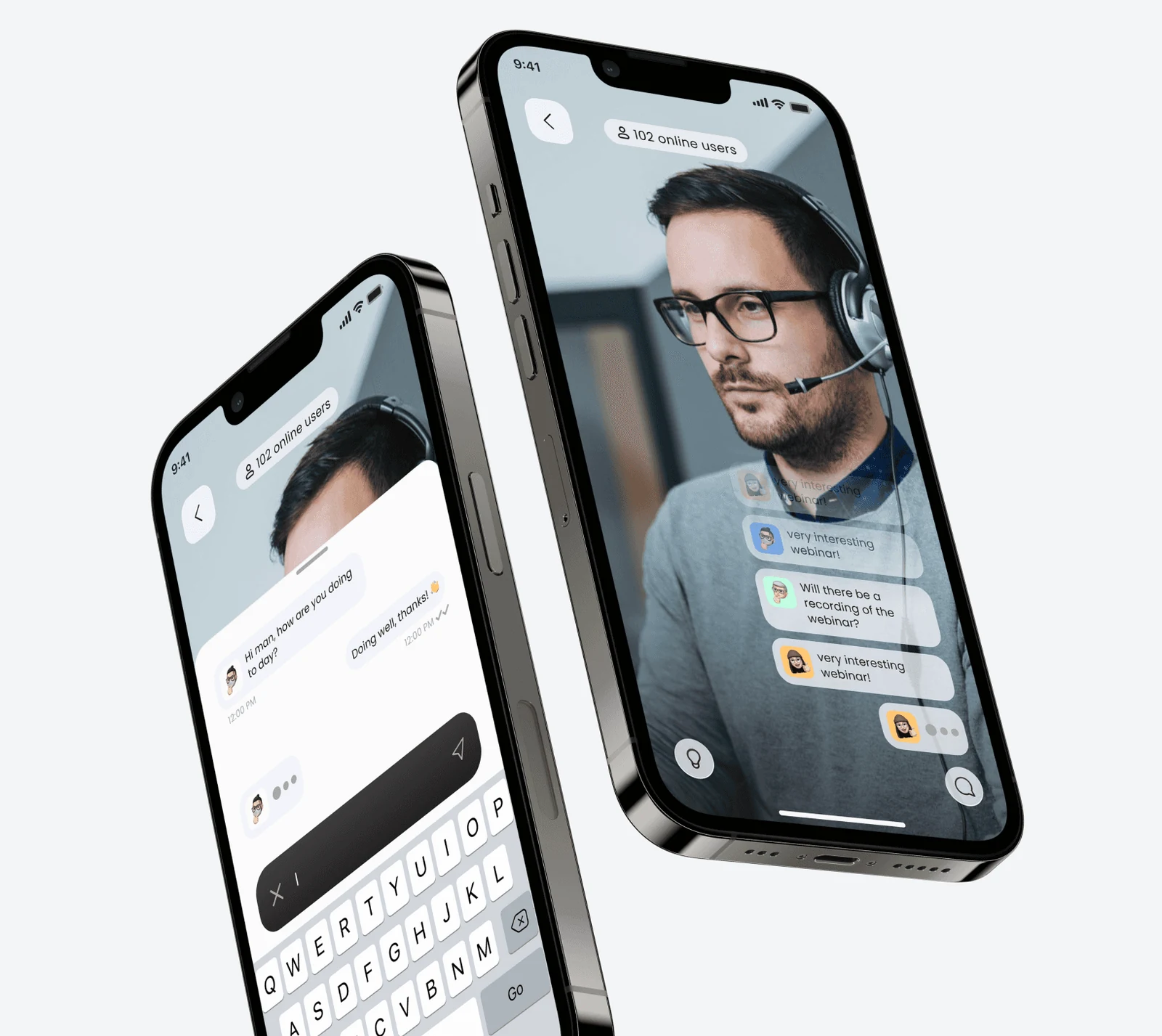 Learning app mobile screens for course discussions and video lessons.