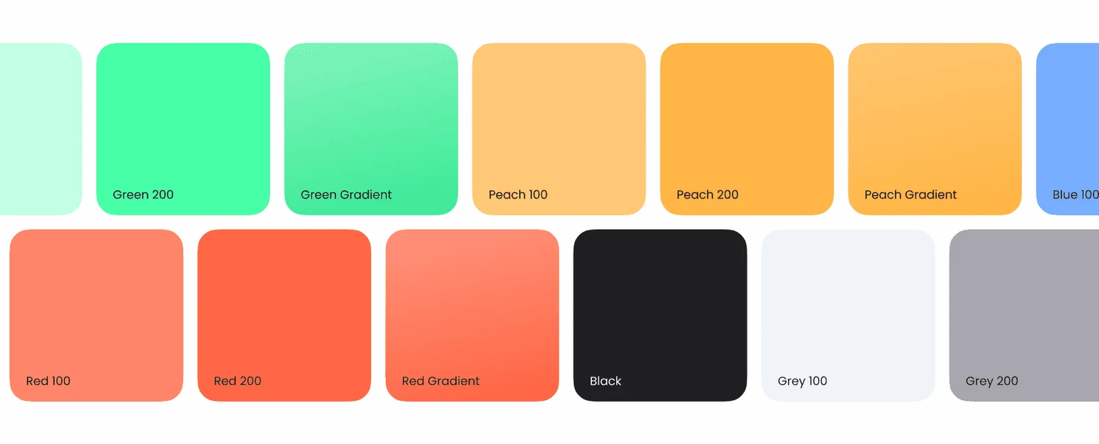 Learning app color palette with green, peach, blue, red, black, and gray swatches.