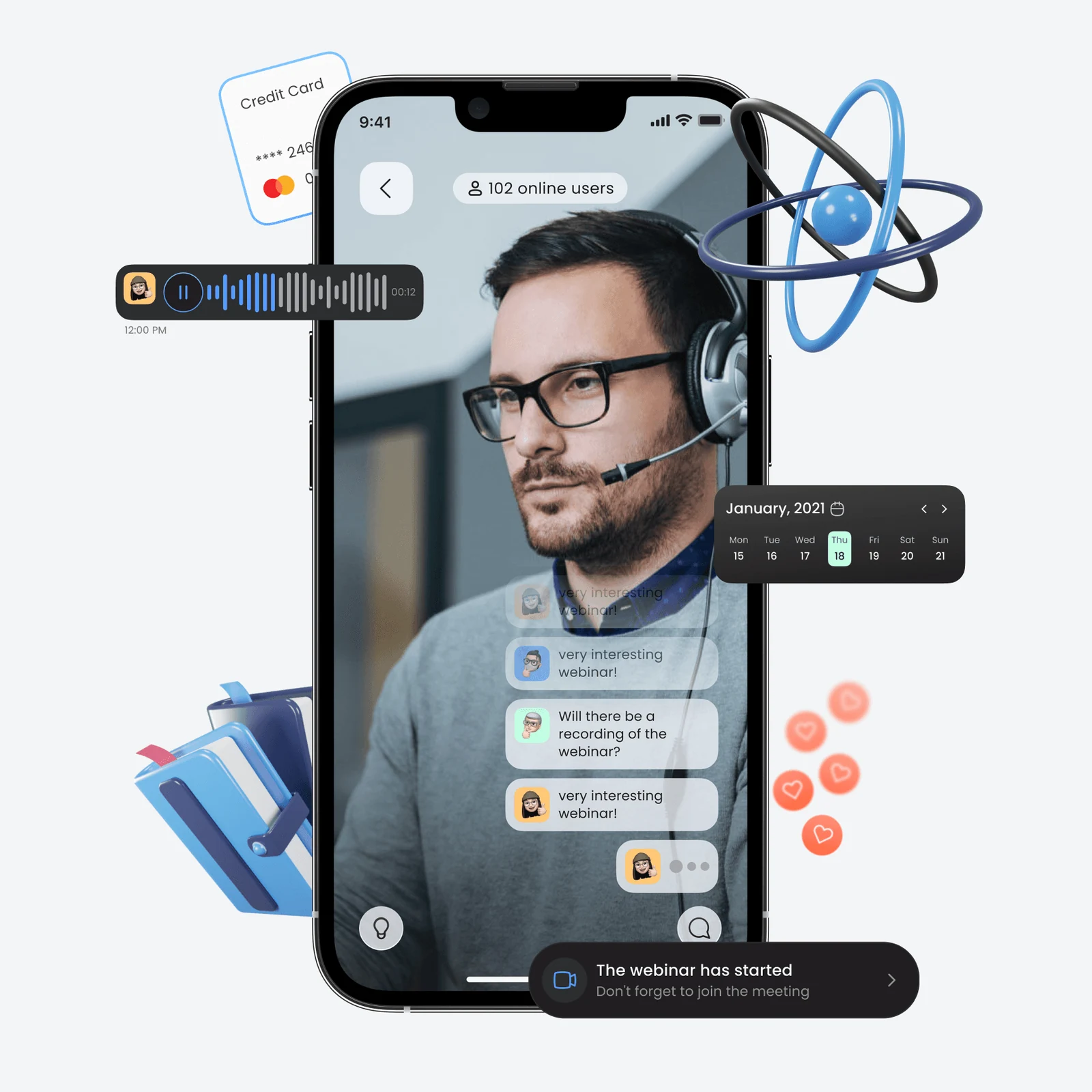 Learning app course screen and chat interface surrounded by education icons.