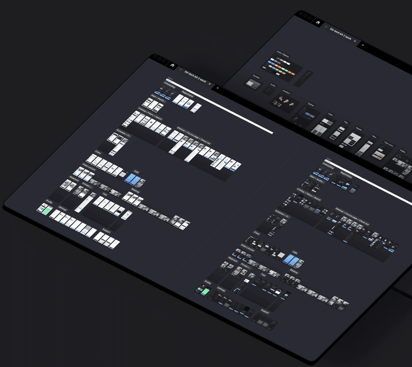 Learning app UI kit board with mobile screens and reusable interface components.