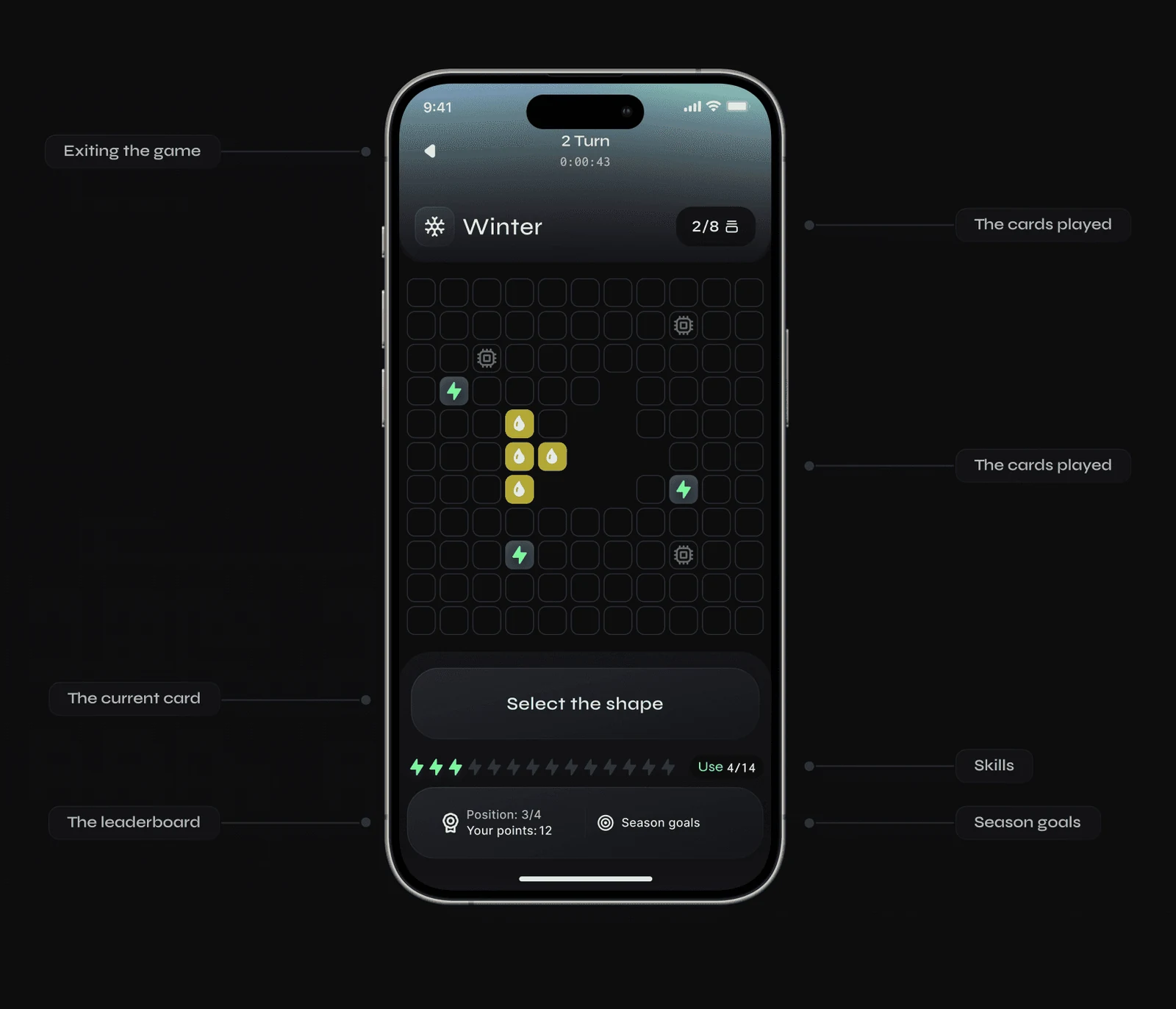Annotated Map Mastermind game screen showing the board, score, game cards, and controls.