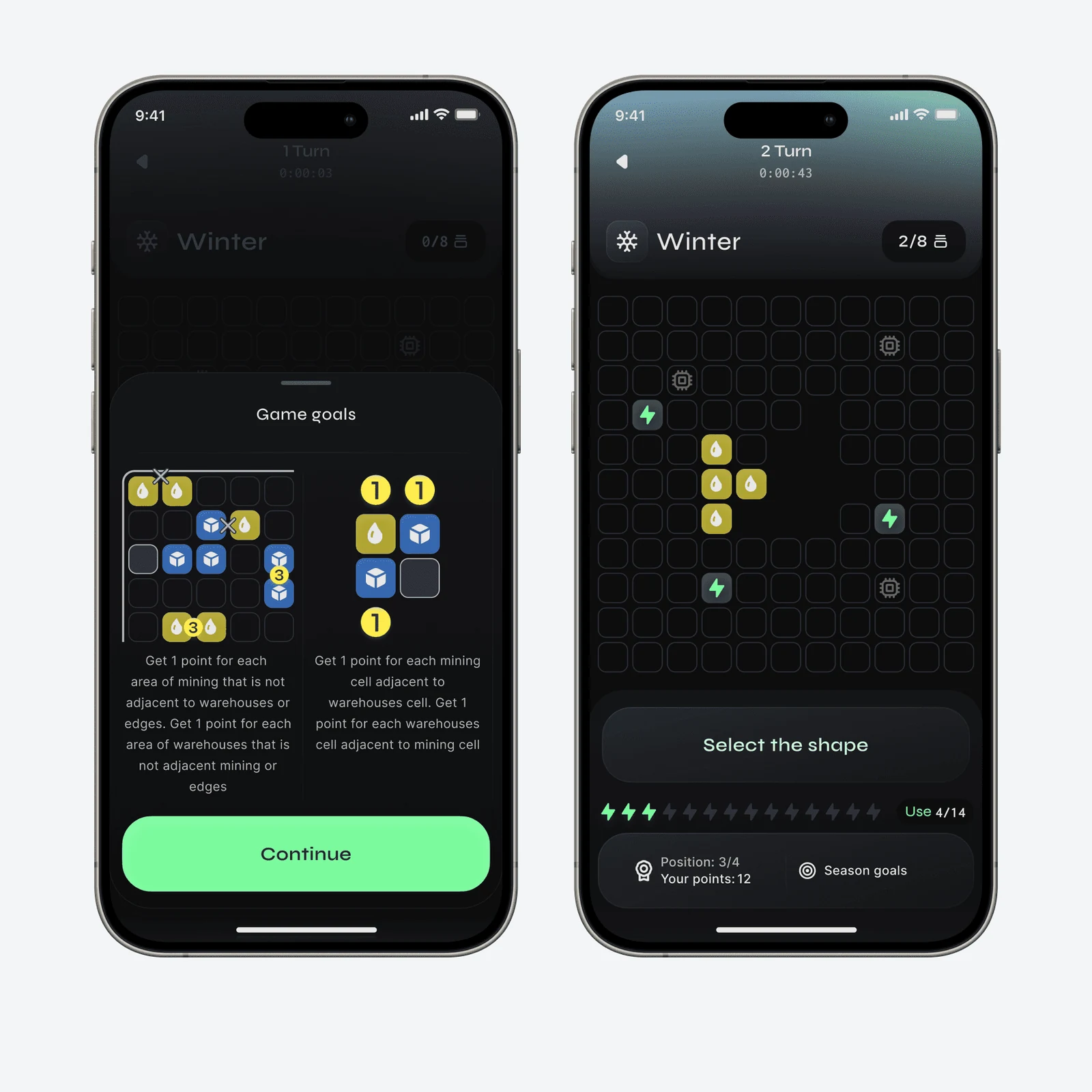 Map Mastermind mobile screens with game cards and a grid of colored blocks.