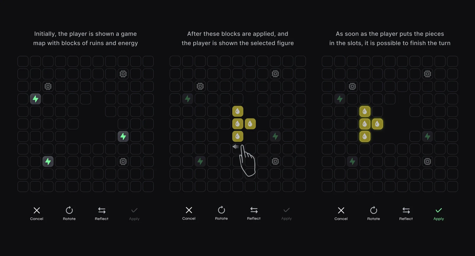Map Mastermind sequence showing selection, rotation, and placement of blocks on the game grid.