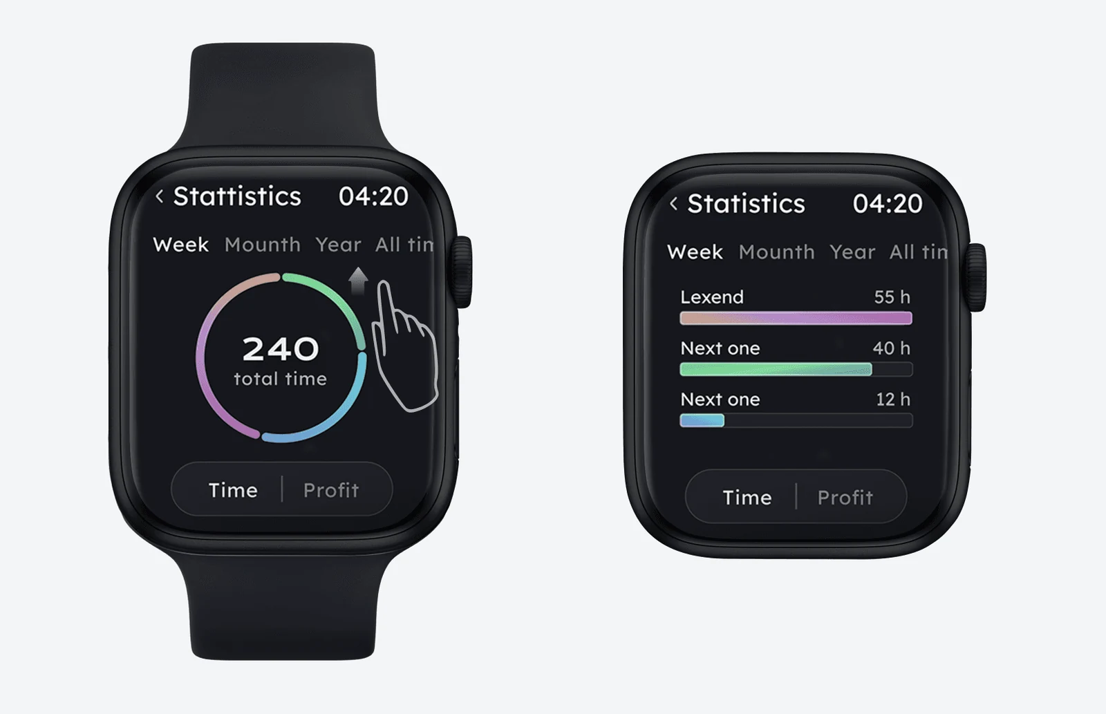 Timemix Apple Watch screens showing total tracked time and time spent on projects.