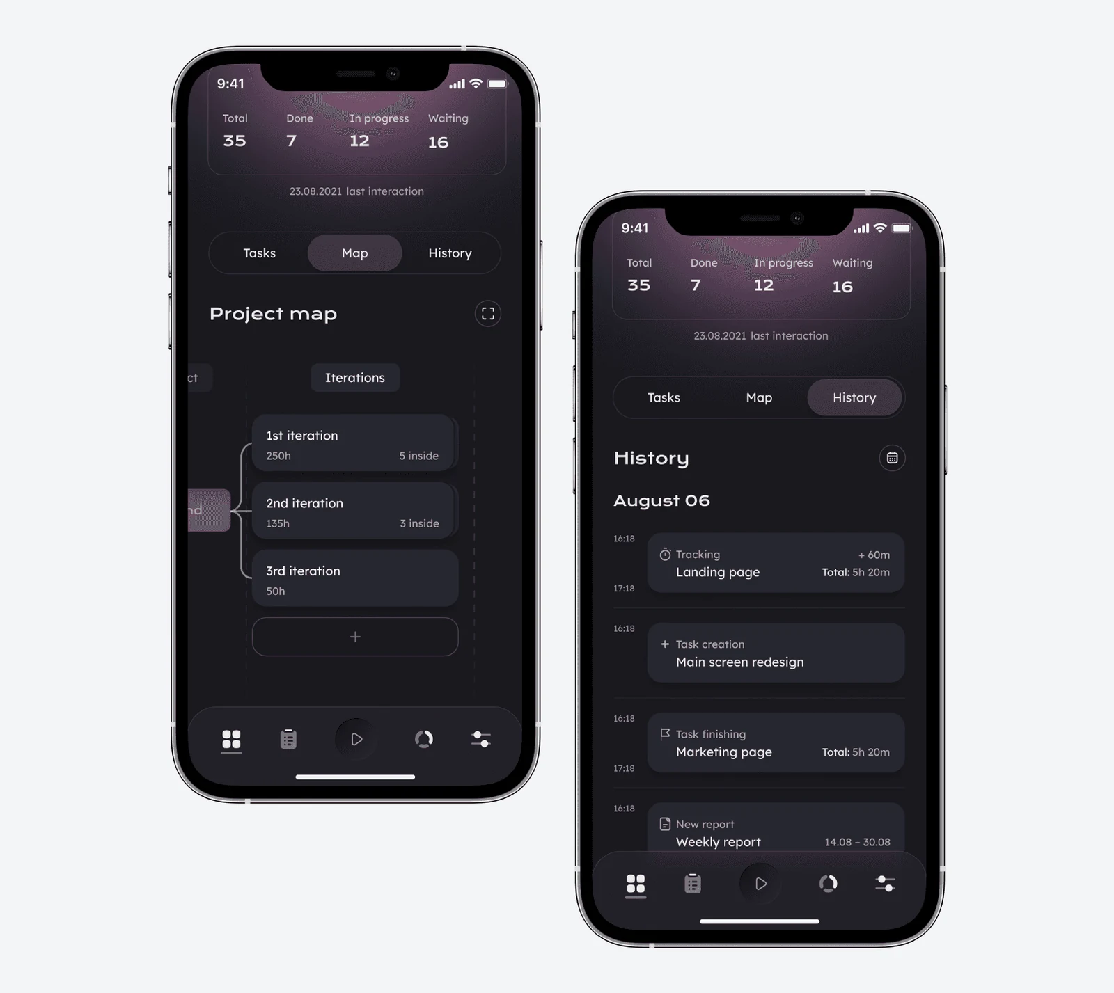 Timemix task planning screens with nested project tasks and activity lists.